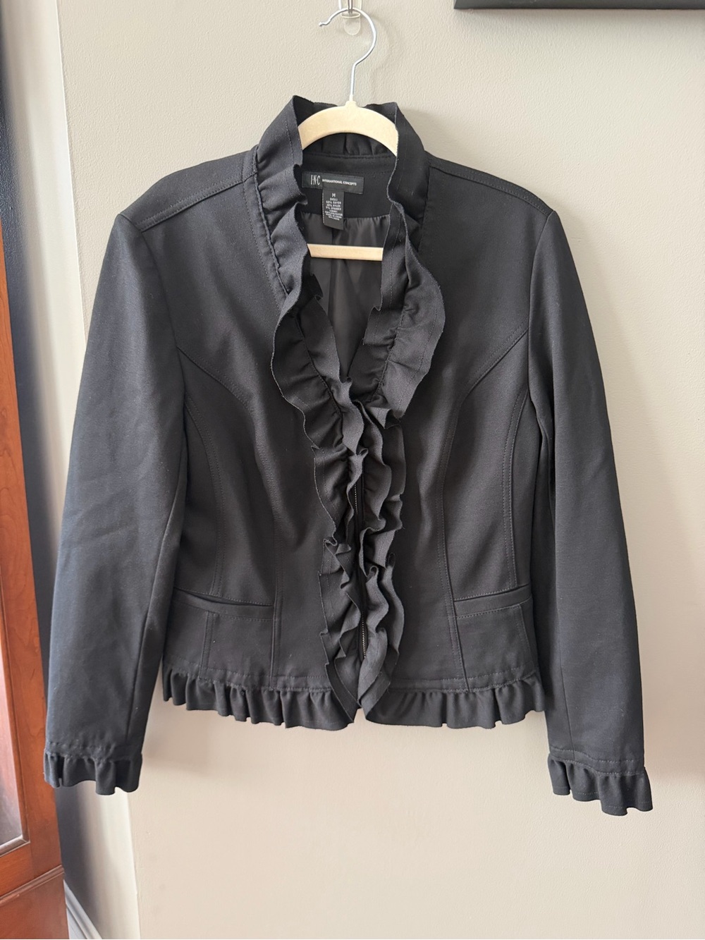 INC International Concepts Black Ruffle-Front Blazer. Medium